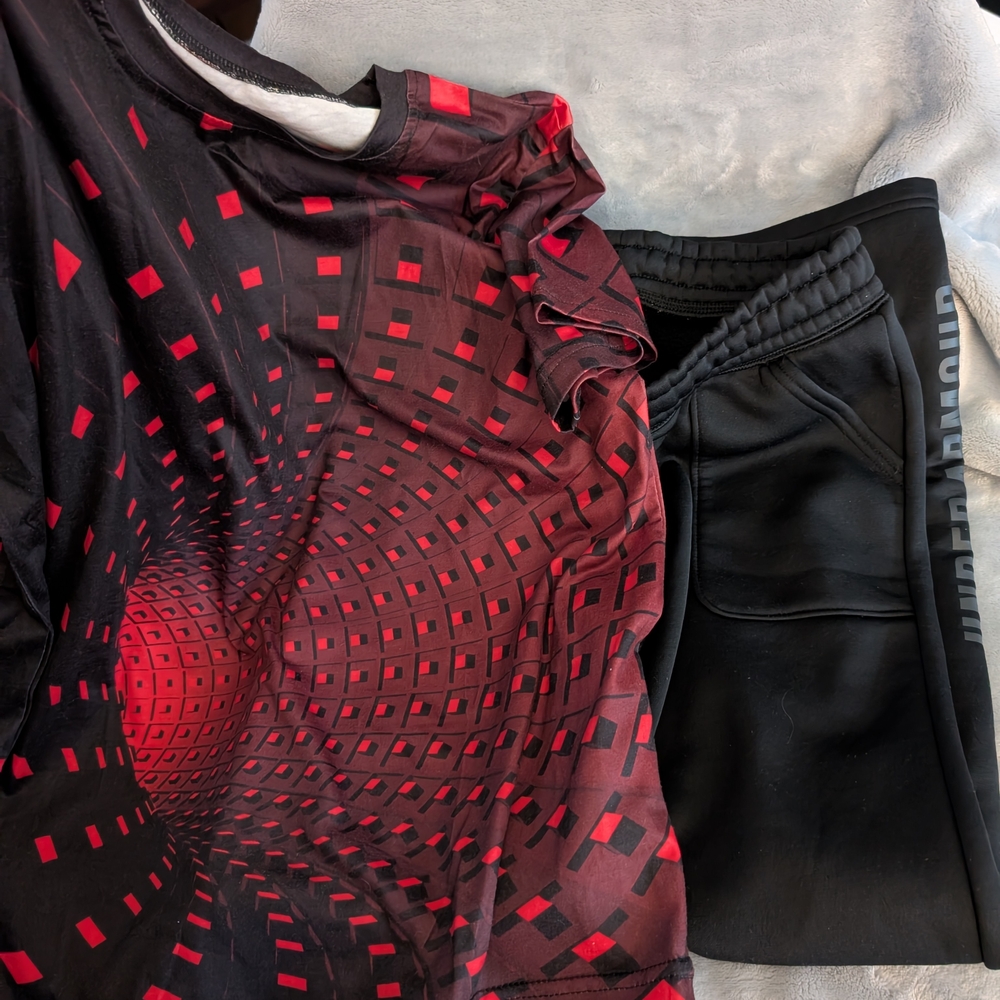 Red and Black Geometric Shirt with Black Pants